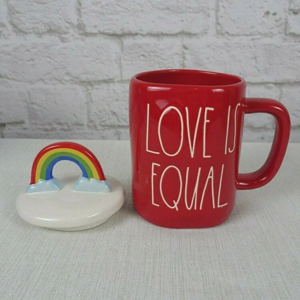 New RAE DUNN Rainbow 🌈 Figural Mug Love Is Equal Red With Lid Pride Home Decor